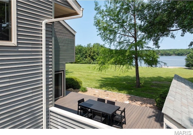 96 Geneva View Dr, Innsbrook, MO 63390 - wooden terrace with a water view, outdoor dining space, and a lawn