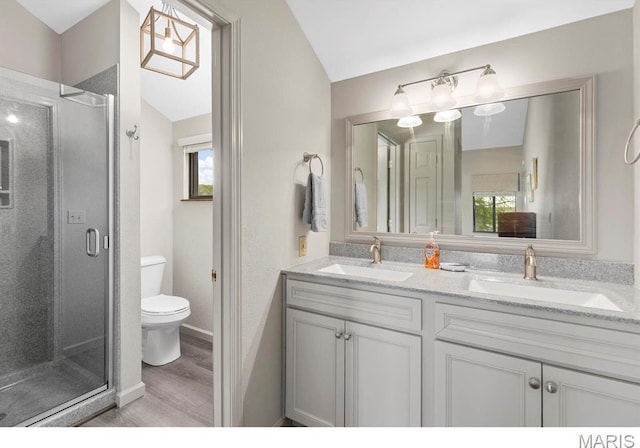 96 Geneva View Dr, Innsbrook, MO 63390 - bathroom with double vanity, wood finished floors, toilet, and a stall shower