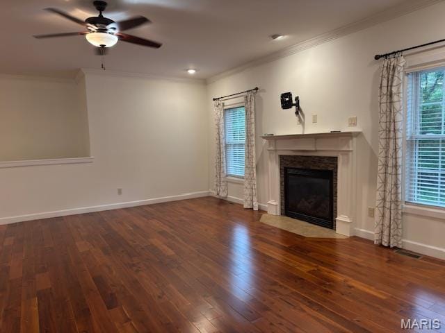 2063 Chesapeake Ave, Cape Girardeau, MO 63701 - unfurnished living room featuring crown molding, a ceiling fan, wood-type flooring, a fireplace with flush hearth, and baseboards
