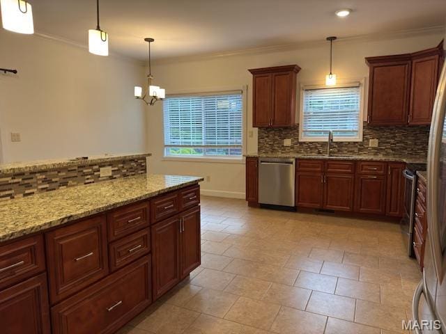 2063 Chesapeake Ave, Cape Girardeau, MO 63701 - kitchen featuring dishwasher, tasteful backsplash, plenty of natural light, a chandelier, and ornamental molding