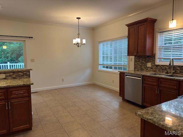 2063 Chesapeake Ave, Cape Girardeau, MO 63701 - kitchen with stainless steel dishwasher, tasteful backsplash, ornamental molding, a sink, and healthy amount of natural light