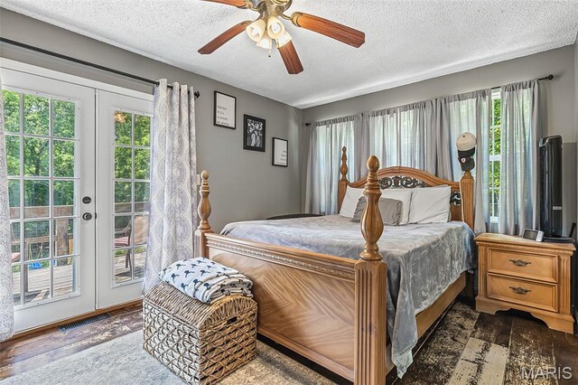 1764 Bourbon Dr, Bonne Terre, MO 63628 - bedroom featuring access to exterior, a textured ceiling, wood finished floors, ceiling fan, and french doors