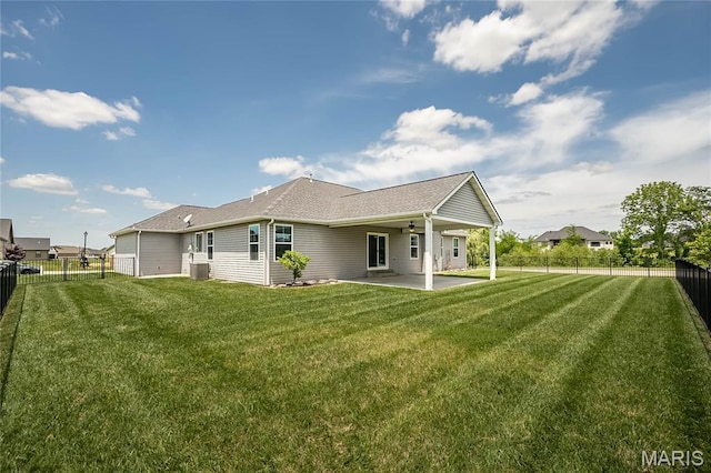 409 Sage Dr, Shiloh, IL 62221 - back of house with a ceiling fan, a patio, central air condition unit, and a shingled roof