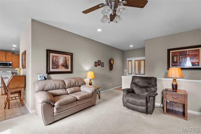380 Stotler Way, Jackson, MO 63755 - living room featuring light colored carpet, recessed lighting, ceiling fan, and baseboards