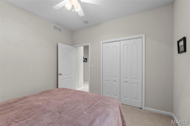 380 Stotler Way, Jackson, MO 63755 - bedroom with light carpet, a closet, baseboards, and ceiling fan