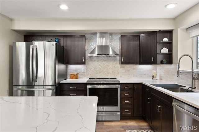63 Portwood Meadows Rd, Rocky Mount, MO 65072 - kitchen with wall chimney exhaust hood, stainless steel appliances, a sink, open shelves, and dark brown cabinetry