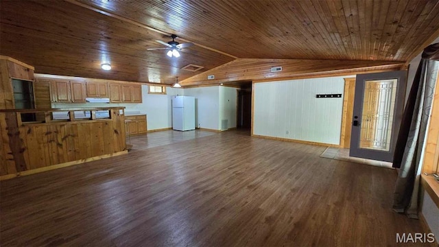 11863 Windy Curve Ln, Success, MO 65570 - unfurnished living room featuring vaulted ceiling, dark wood-type flooring, wooden ceiling, wood walls, and baseboards