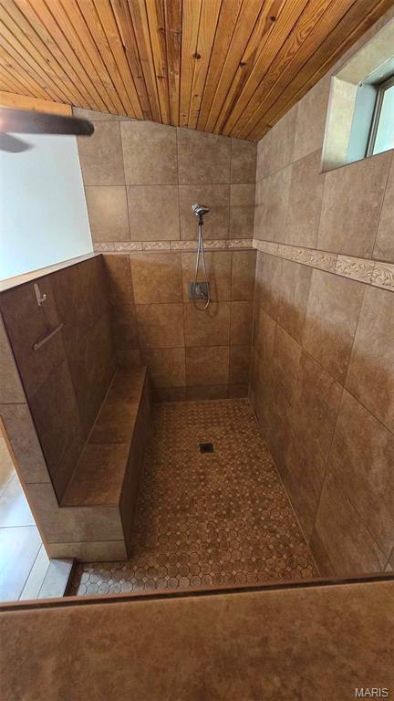 11863 Windy Curve Ln, Success, MO 65570 - full bath with a tile shower, tile patterned floors, and wooden ceiling