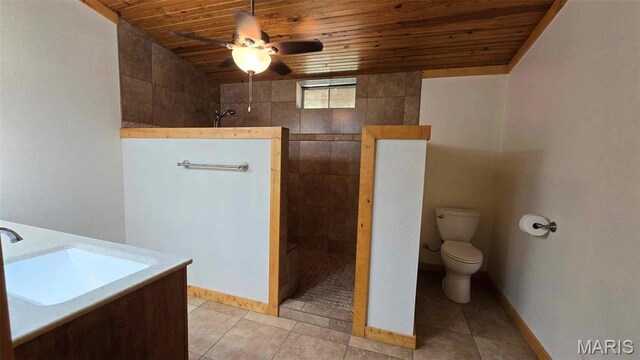 11863 Windy Curve Ln, Success, MO 65570 - bathroom featuring wood ceiling, a ceiling fan, walk in shower, and tile patterned flooring