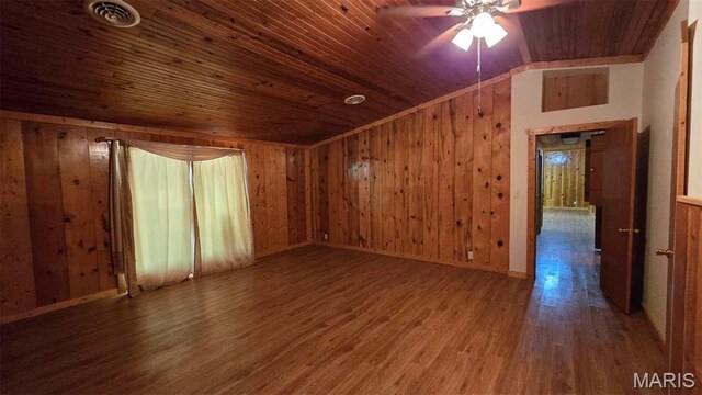 11863 Windy Curve Ln, Success, MO 65570 - unfurnished room with wood ceiling, wood finished floors, ceiling fan, wooden walls, and lofted ceiling