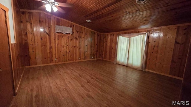 11863 Windy Curve Ln, Success, MO 65570 - spare room featuring wood finished floors, wood ceiling, wood walls, ceiling fan, and vaulted ceiling