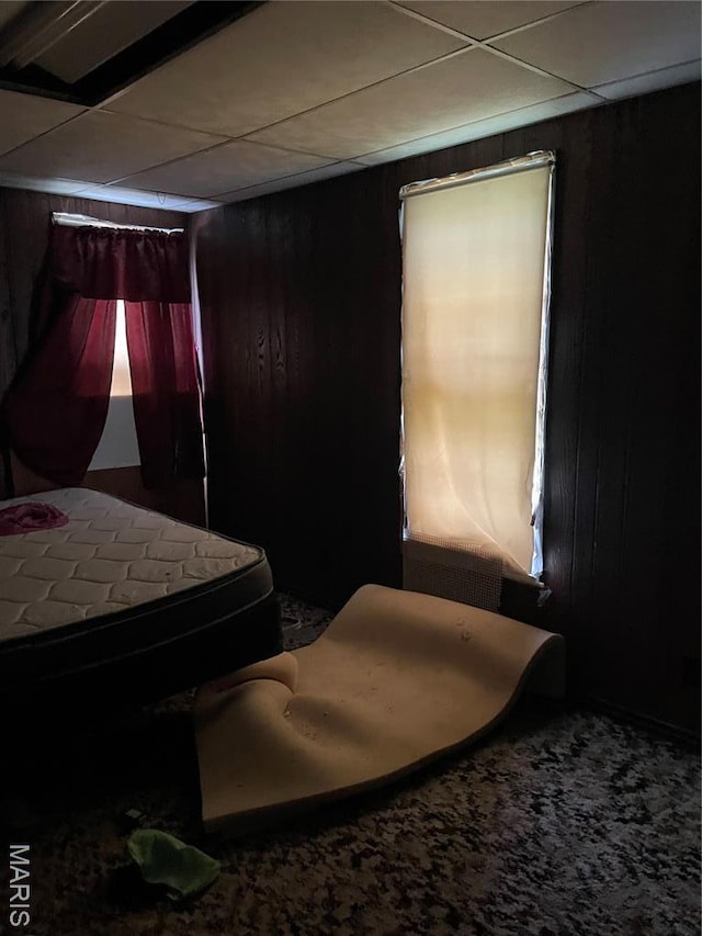 1908-19 Hope St, Hannibal, MO 63401 - carpeted bedroom featuring wood walls and a paneled ceiling