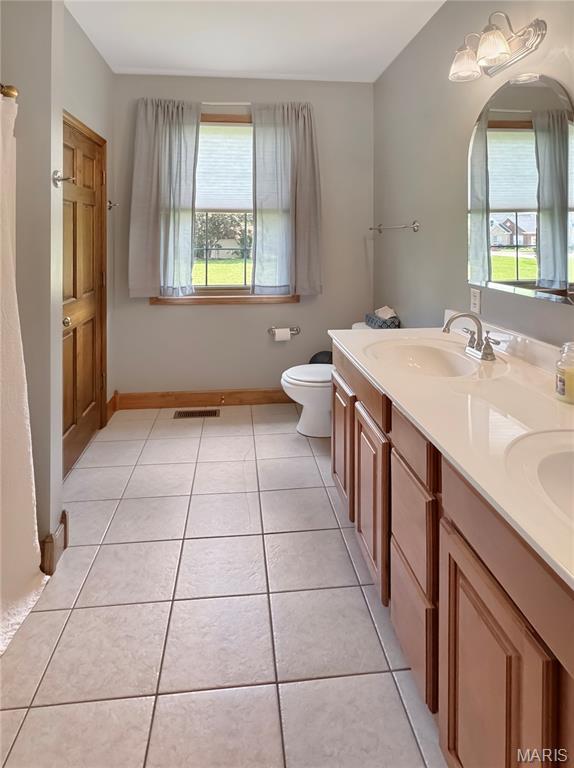 495 Oak Field Ct, Washington, MO 63090 - bathroom featuring healthy amount of natural light, double vanity, toilet, and tile patterned floors