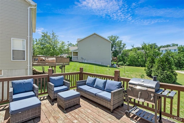 27 Brushy Brook Ct, Ofallon, MO 63366 - wooden deck with an outdoor living space, a lawn, and area for grilling