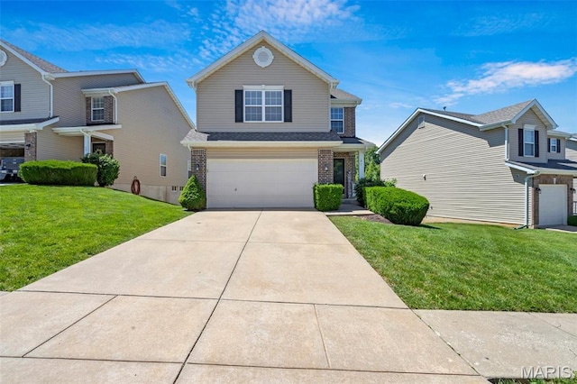 27 Brushy Brook Ct, Ofallon, MO 63366 - traditional-style home featuring brick siding, an attached garage, a front yard, and concrete driveway
