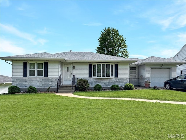 1508 3rd Pkwy, Washington, MO 63090 - ranch-style house with stone siding, a garage, and a front lawn
