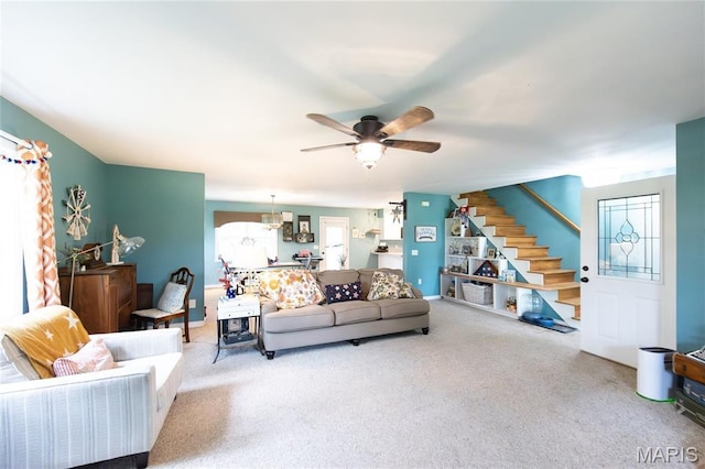 15701 County Road 1130, St James, MO 65559 - living room with stairs, healthy amount of natural light, carpet, and ceiling fan
