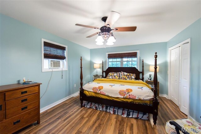15701 County Road 1130, St James, MO 65559 - bedroom featuring wood finished floors, ceiling fan, a closet, and cooling unit