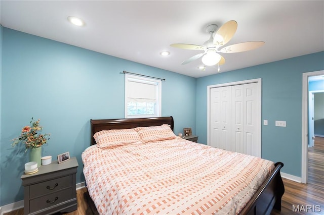 15701 County Road 1130, St James, MO 65559 - bedroom with a closet, dark wood-style flooring, ceiling fan, and recessed lighting