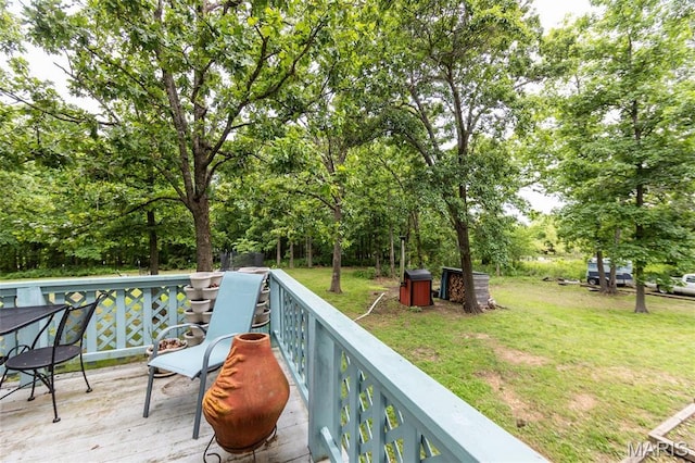 15701 County Road 1130, St James, MO 65559 - wooden deck featuring a yard and view of wooded area