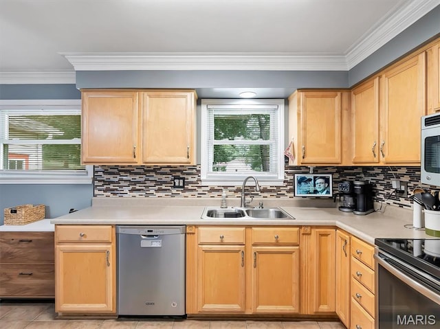1015 Marilyn Ct, Washington, MO 63090 - kitchen featuring stainless steel appliances, crown molding, light brown cabinetry, tasteful backsplash, and light countertops