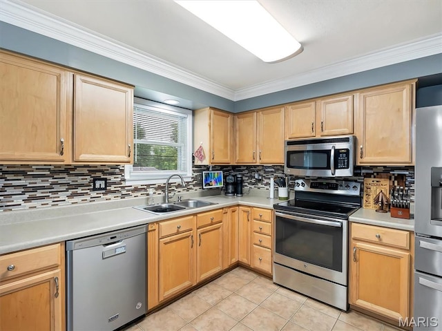 1015 Marilyn Ct, Washington, MO 63090 - kitchen featuring appliances with stainless steel finishes, crown molding, light tile patterned floors, decorative backsplash, and light brown cabinetry