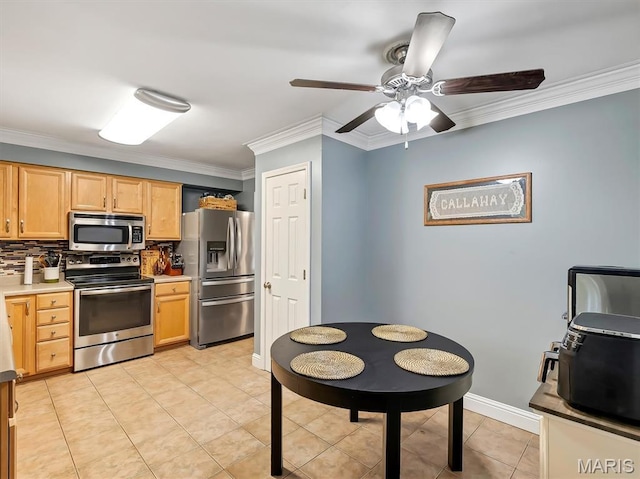 1015 Marilyn Ct, Washington, MO 63090 - kitchen featuring appliances with stainless steel finishes, ornamental molding, backsplash, a ceiling fan, and light brown cabinets
