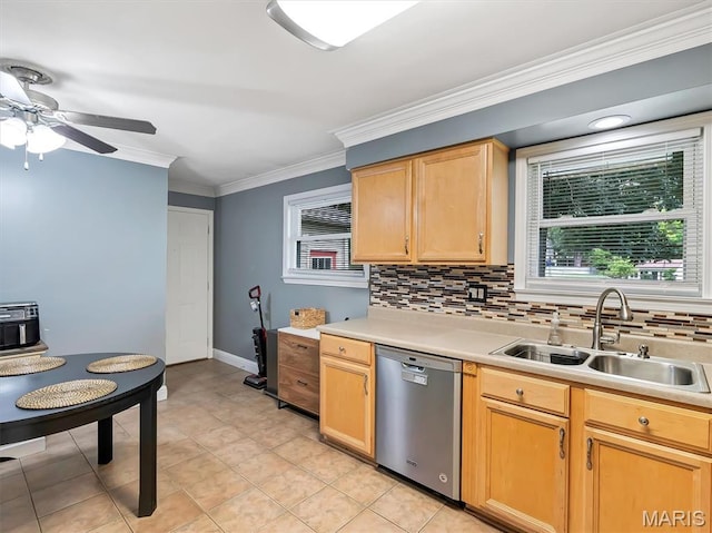 1015 Marilyn Ct, Washington, MO 63090 - kitchen with dishwasher, backsplash, light countertops, healthy amount of natural light, and crown molding