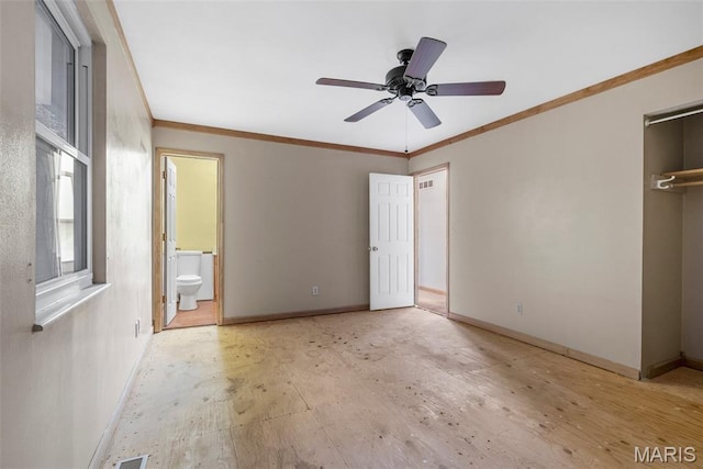 4618 Towne Hall Dr, Arnold, MO 63010 - unfurnished bedroom with crown molding, baseboards, wood finished floors, ensuite bathroom, and a ceiling fan