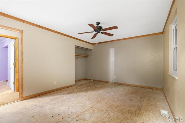 4618 Towne Hall Dr, Arnold, MO 63010 - unfurnished bedroom with a closet, baseboards, crown molding, and a ceiling fan