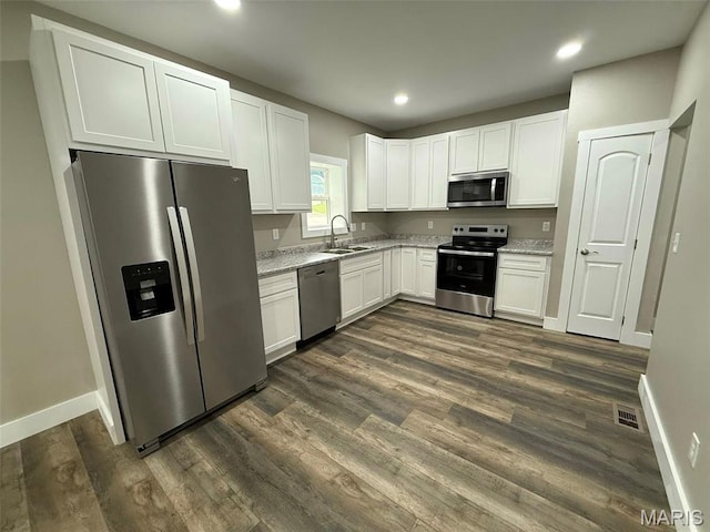 618 Taylor Ave, Park Hills, MO 63601 - kitchen with stainless steel appliances, a sink, white cabinetry, dark wood-type flooring, and baseboards