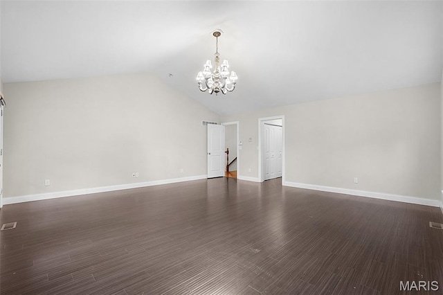17917 Rosemar Ln, Wildwood, MO 63038 - unfurnished living room featuring a chandelier, lofted ceiling, and dark wood finished floors