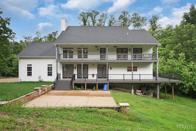 17917 Rosemar Ln, Wildwood, MO 63038 - view of front facade with a balcony, a front lawn, a patio, a chimney, and ceiling fan