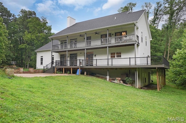 17917 Rosemar Ln, Wildwood, MO 63038 - rear view of property featuring a yard, a chimney, a ceiling fan, and a deck
