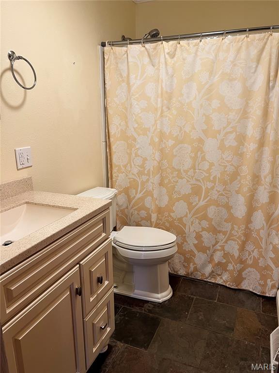 503 Cumberland St, Coffeen, IL 62017 - full bathroom with stone tile floors, vanity, toilet, and a shower with shower curtain