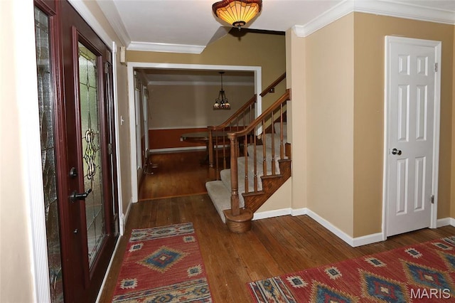 2003 Centennial Ct, Wildwood, MO 63011 - foyer featuring ornamental molding, wood-type flooring, stairs, and a chandelier