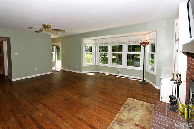 2003 Centennial Ct, Wildwood, MO 63011 - unfurnished living room with a fireplace, ceiling fan, and wood-type flooring