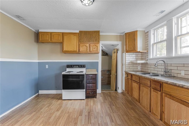 503 Newberry St, Fredericktown, MO 63645 - kitchen featuring white electric range, a sink, light wood-type flooring, tasteful backsplash, and a textured ceiling