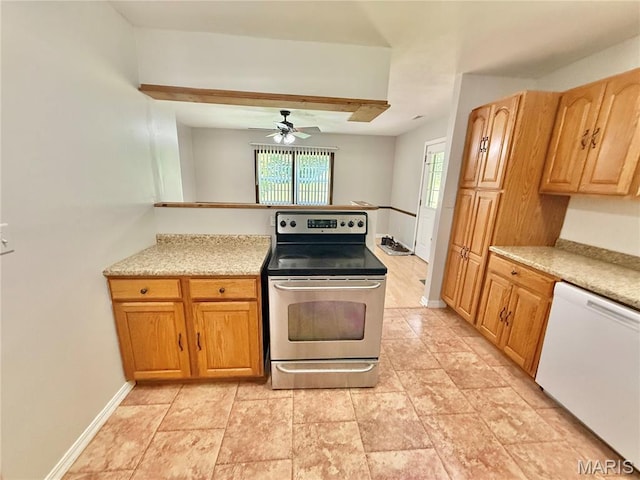 720 S Main St, Arcadia, MO 63621 - kitchen with electric stove, white dishwasher, light countertops, ceiling fan, and a peninsula