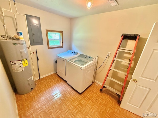 720 S Main St, Arcadia, MO 63621 - washroom featuring electric water heater, electric panel, washing machine and dryer, and baseboards