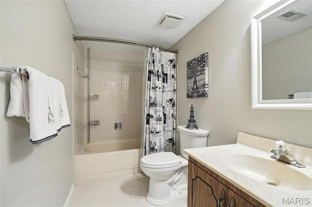 564 Sarah Ln Unit 103, Creve Coeur, MO 63141 - bathroom with vanity, shower / tub combo with curtain, a textured ceiling, toilet, and tile patterned flooring