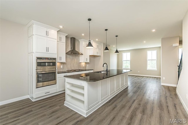8923 Gateway Hts Unit 94-805, Richmond Heights, MO 63144 - kitchen featuring wall chimney range hood, a sink, open shelves, appliances with stainless steel finishes, and white cabinets