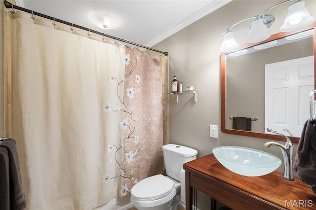 116 Lea Meadows Dr, Ballwin, MO 63011 - full bath with toilet, ornamental molding, vanity, and a shower with curtain