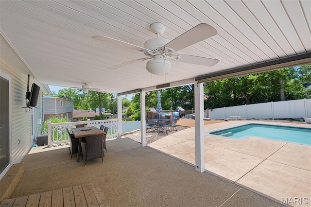 116 Lea Meadows Dr, Ballwin, MO 63011 - view of pool featuring outdoor dining space, a patio, a fenced backyard, and a ceiling fan