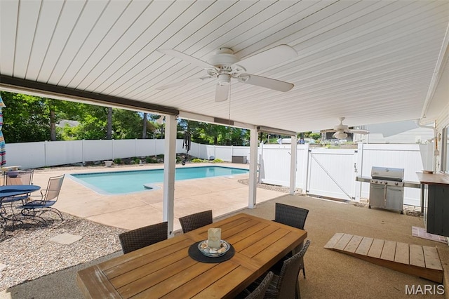 116 Lea Meadows Dr, Ballwin, MO 63011 - view of swimming pool featuring outdoor dining space, a patio, a fenced backyard, a ceiling fan, and a grill