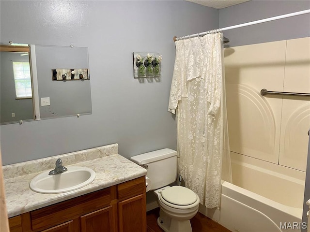 702 E Silver, Naylor, MO 63953 - bathroom featuring toilet, vanity, and shower / bathtub combination with curtain