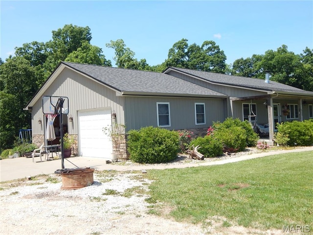 6230 Cuivre Ford Rd, Troy, MO 63379 - ranch-style home featuring a garage, a front yard, roof with shingles, stone siding, and driveway