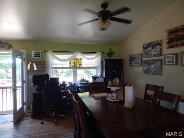 6230 Cuivre Ford Rd, Troy, MO 63379 - dining room with wood finished floors, healthy amount of natural light, ceiling fan, an office area, and vaulted ceiling