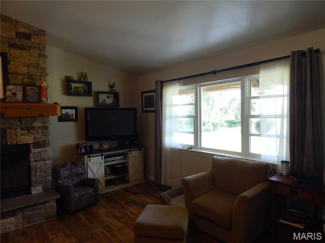 6230 Cuivre Ford Rd, Troy, MO 63379 - living room with a fireplace, vaulted ceiling, and dark wood-style floors
