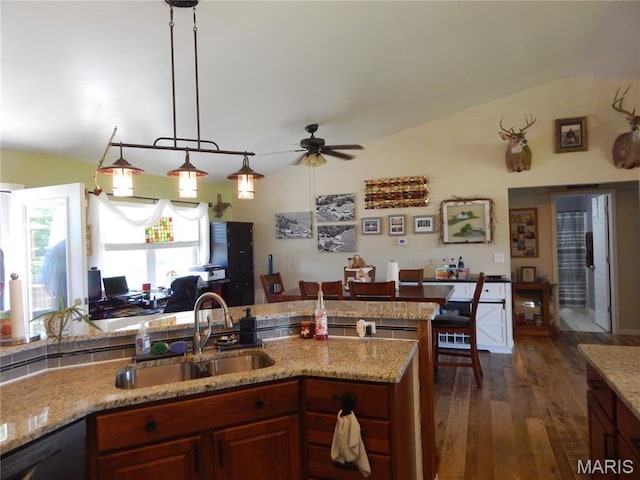 6230 Cuivre Ford Rd, Troy, MO 63379 - kitchen featuring a sink, dishwasher, ceiling fan, vaulted ceiling, and dark wood-style flooring